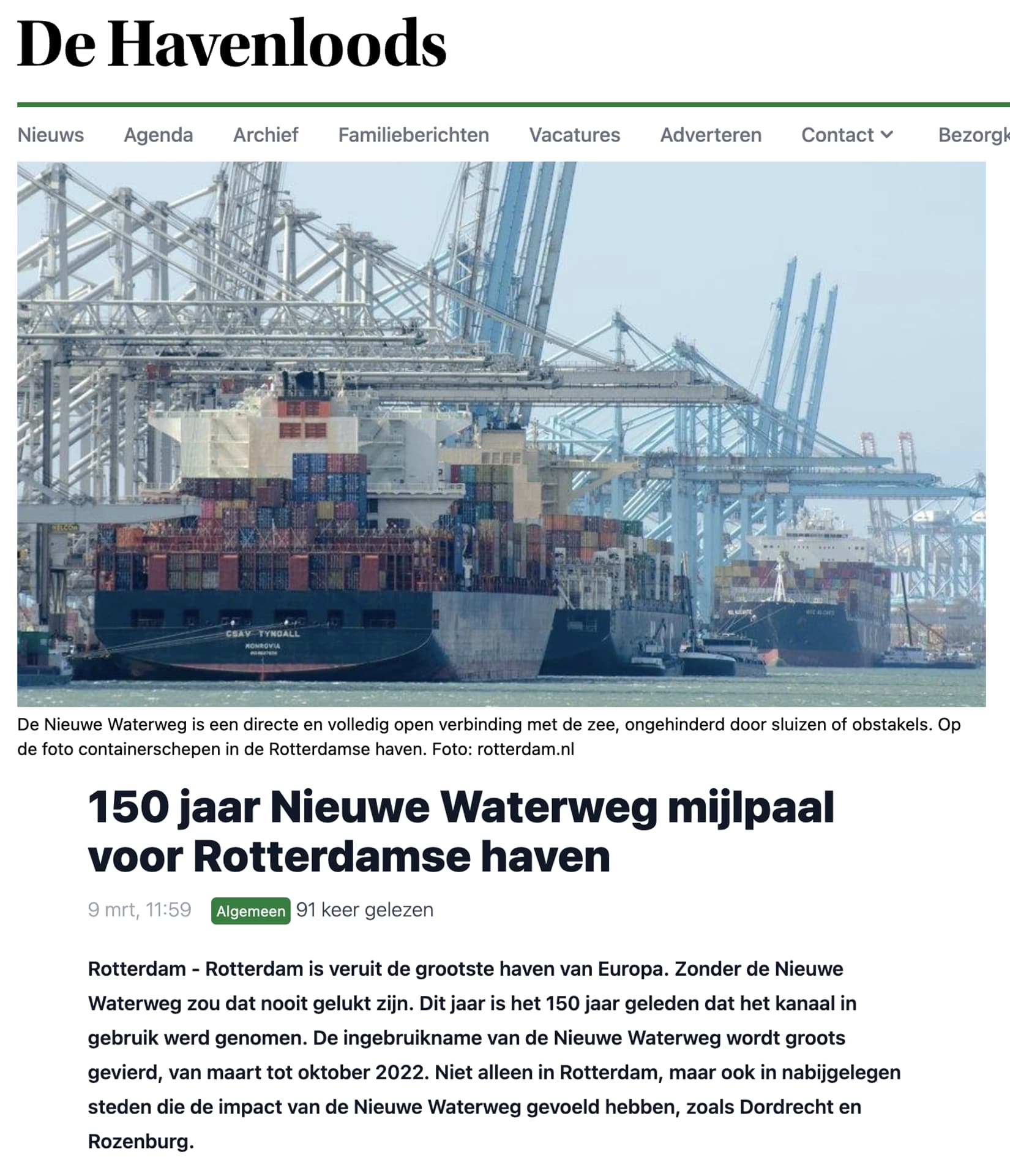 De Havenloods: 150 jaar Nieuwe Waterweg mijlpaal voor Rotterdamse haven